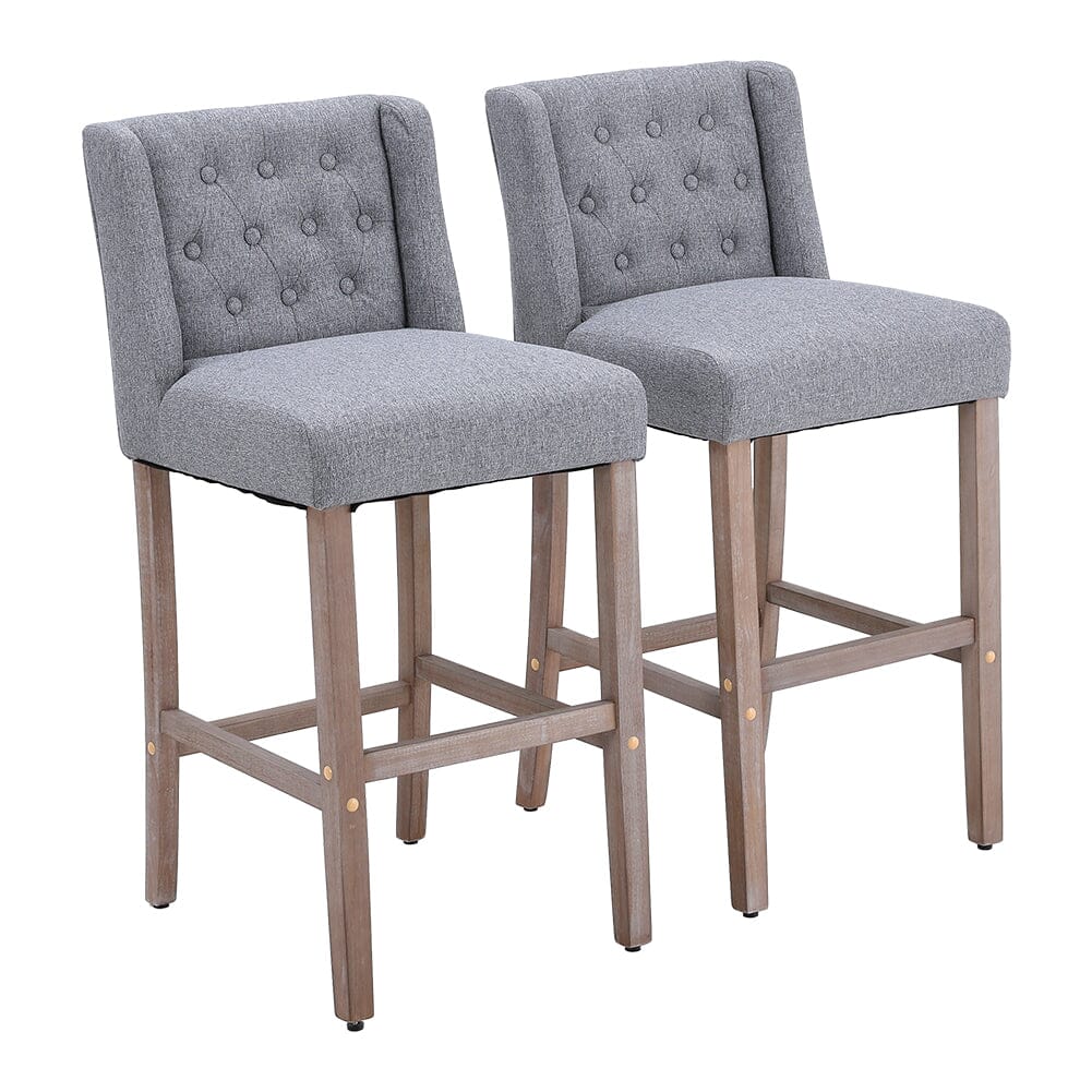 Set of 2 Hight Bar Stools Linen Upholstered with Wood Legs - House Comfort