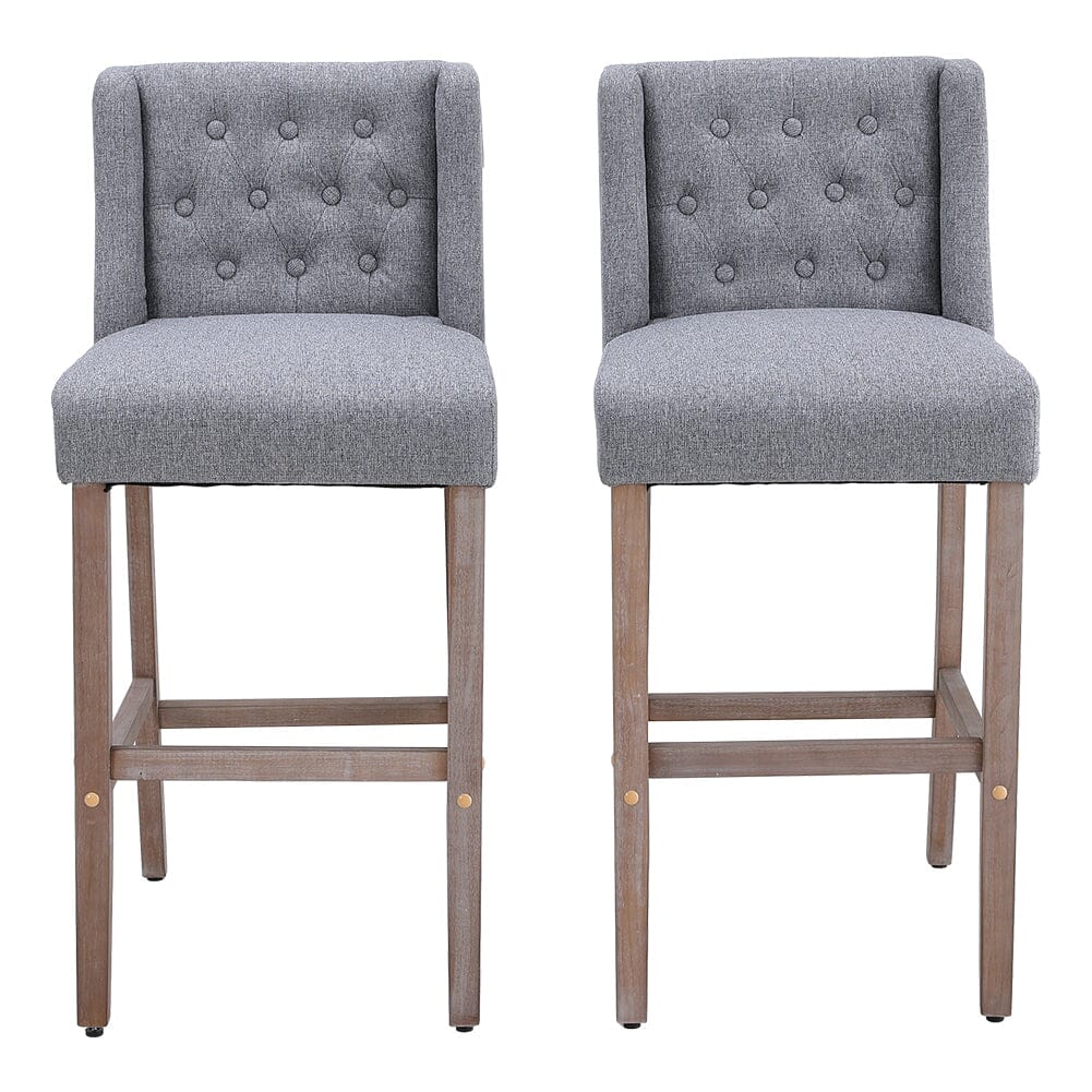 Set of 2 Hight Bar Stools Linen Upholstered with Wood Legs - House Comfort
