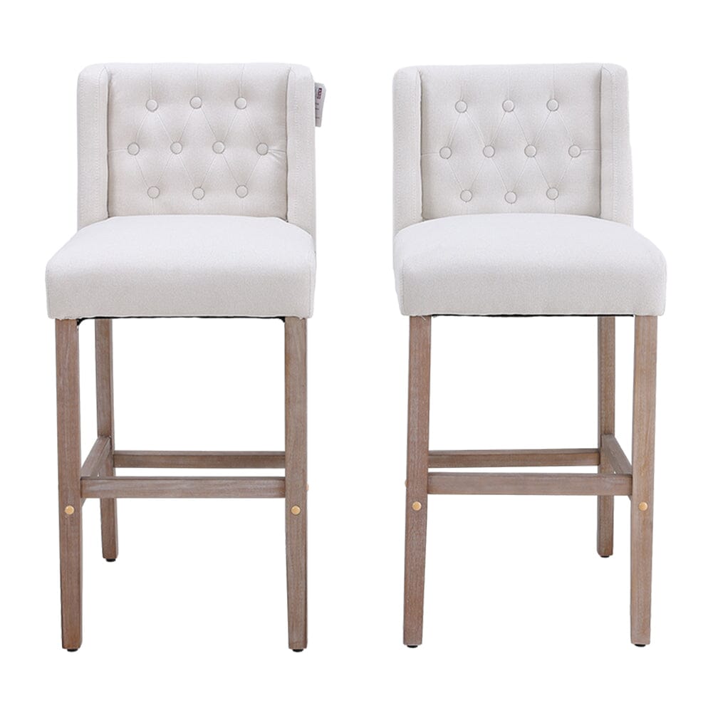 Set of 2 Hight Bar Stools Linen Upholstered with Wood Legs - House Comfort