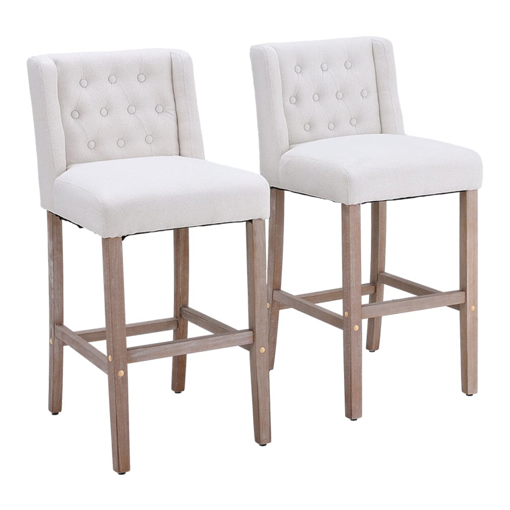 Set of 2 Hight Bar Stools Linen Upholstered with Wood Legs - House Comfort