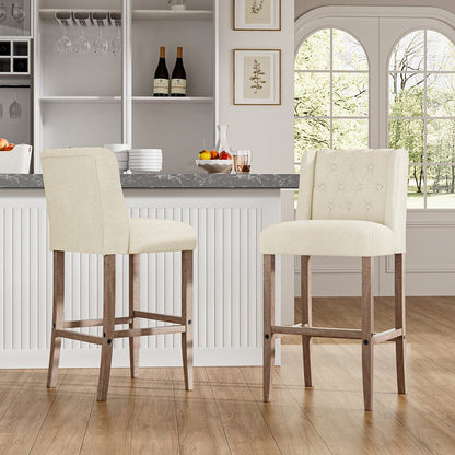Set of 2 Hight Bar Stools Linen Upholstered with Wood Legs - House Comfort