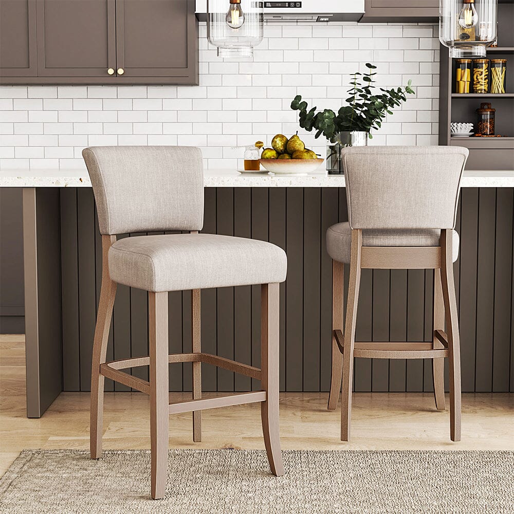 Set of 2 Linen Upholstered Bar Stools with Natural Wood Legs - House Comfort