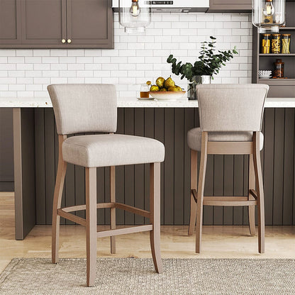 Set of 2 Linen Upholstered Bar Stools with Natural Wood Legs - House Comfort