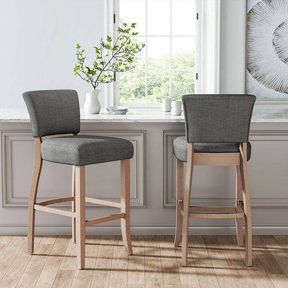 Set of 2 Linen Upholstered Bar Stools with Natural Wood Legs - House Comfort