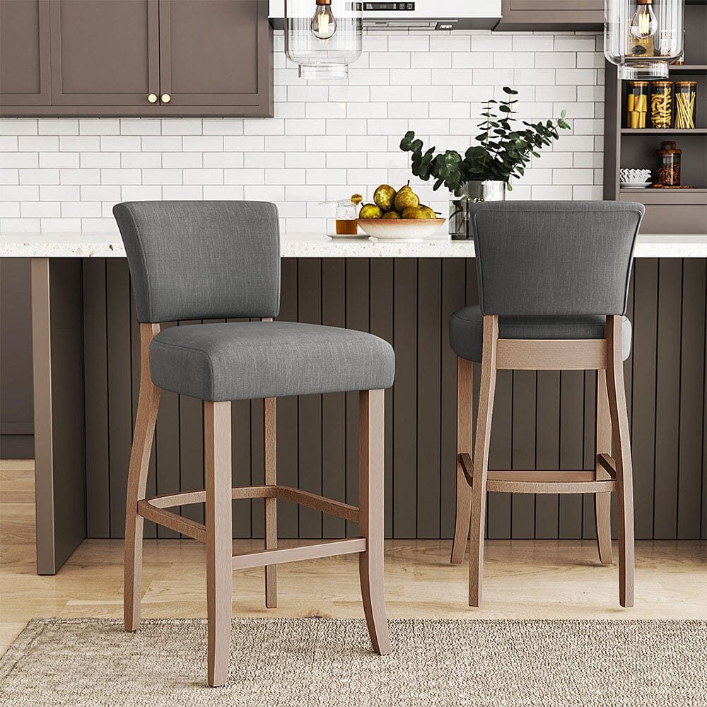 Set of 2 Linen Upholstered Bar Stools with Natural Wood Legs - House Comfort