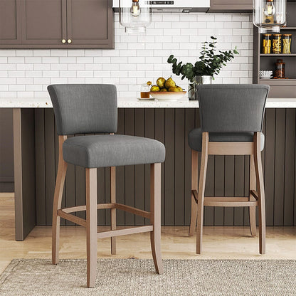 Set of 2 Linen Upholstered Bar Stools with Natural Wood Legs - House Comfort
