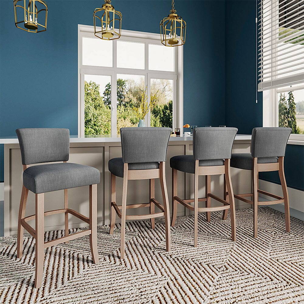 Set of 2 Linen Upholstered Bar Stools with Natural Wood Legs - House Comfort