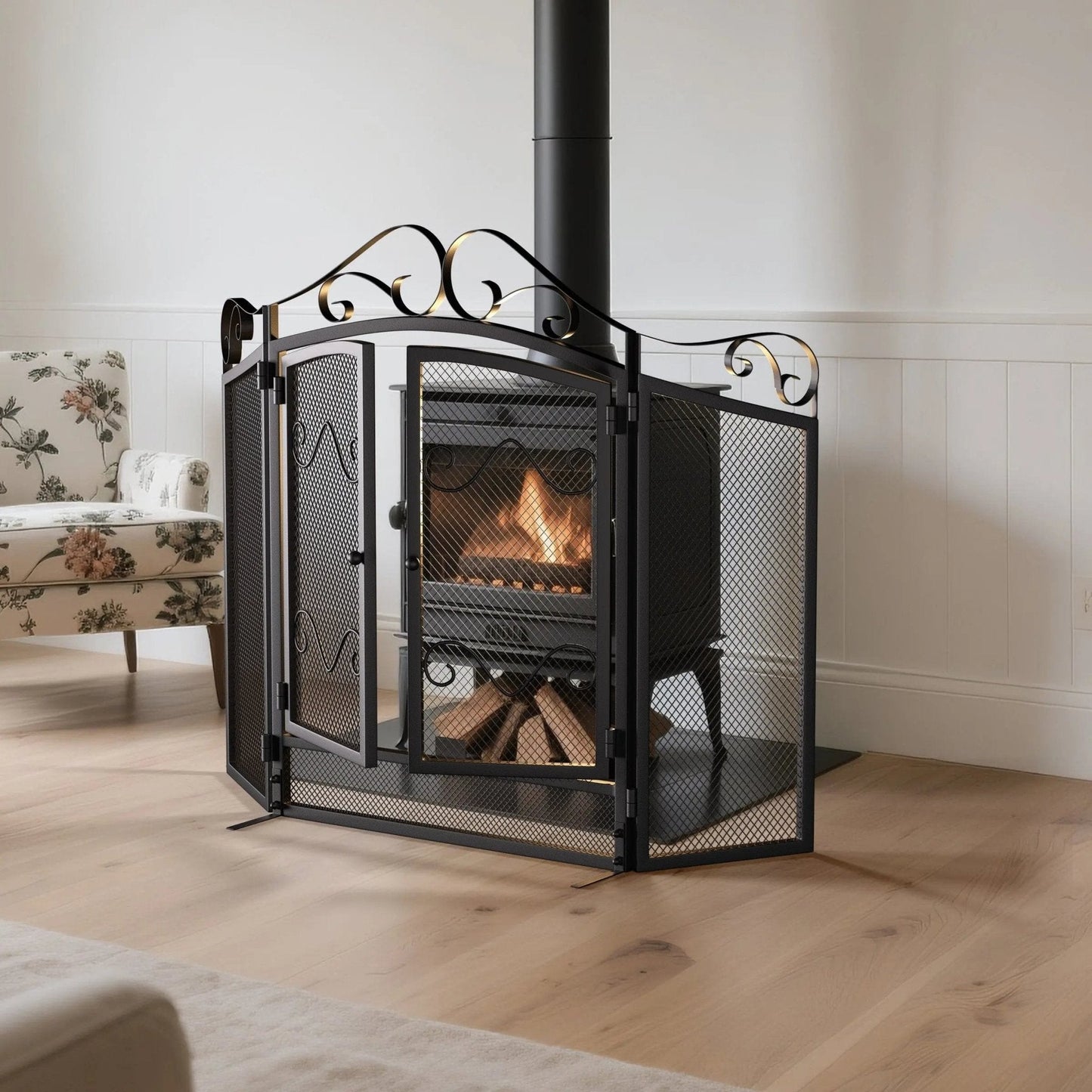 Smallbee Iron Fireplace Screen Black Powder - Coated – 114.7x84x16.5cm - House Comfort