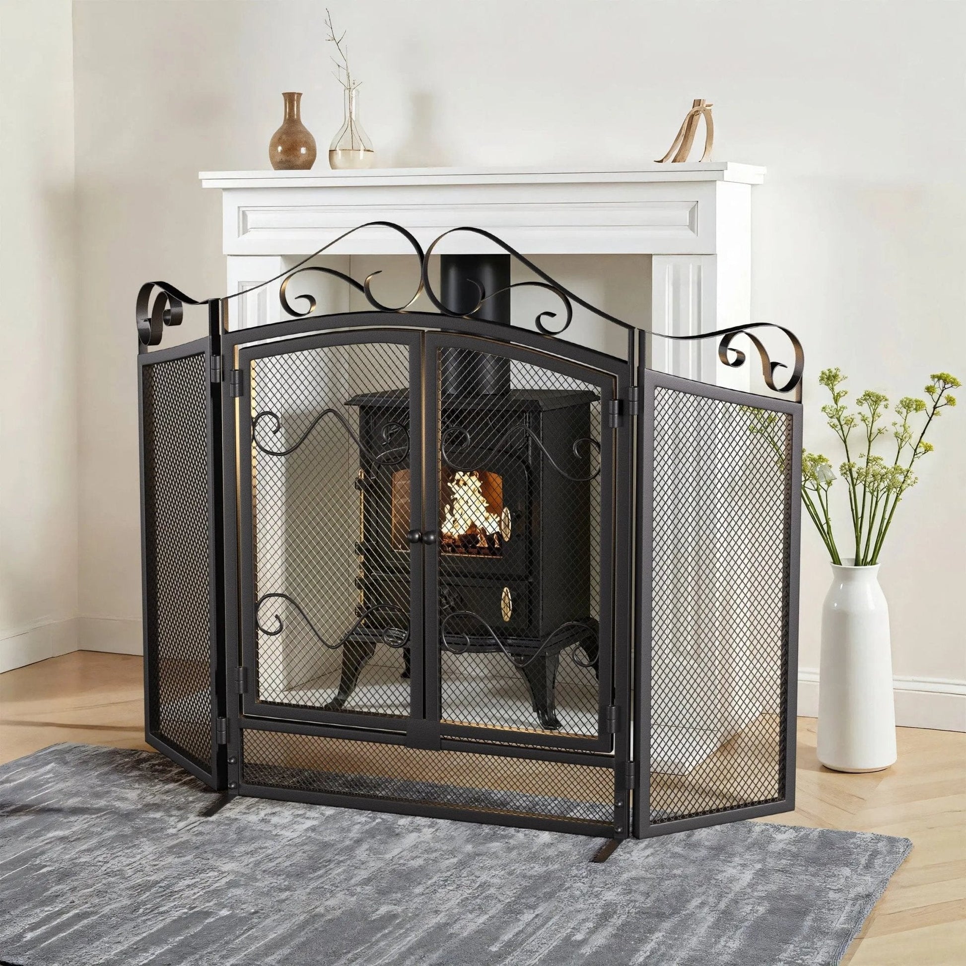 Smallbee Iron Fireplace Screen Black Powder - Coated – 114.7x84x16.5cm - House Comfort