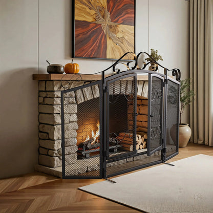 Smallbee Iron Fireplace Screen Black Powder - Coated – 114.7x84x16.5cm - House Comfort
