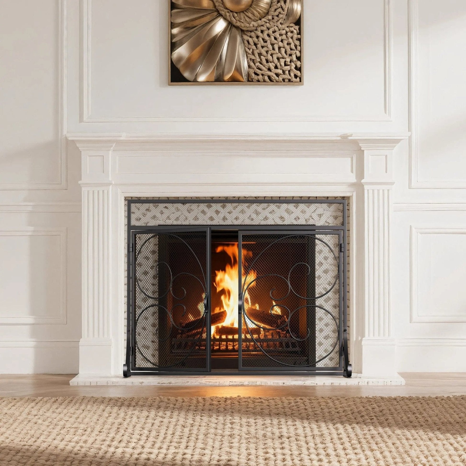 Smallbee Iron Fireplace Screen Black Powder - Coated – 89x25x71.5cm - House Comfort