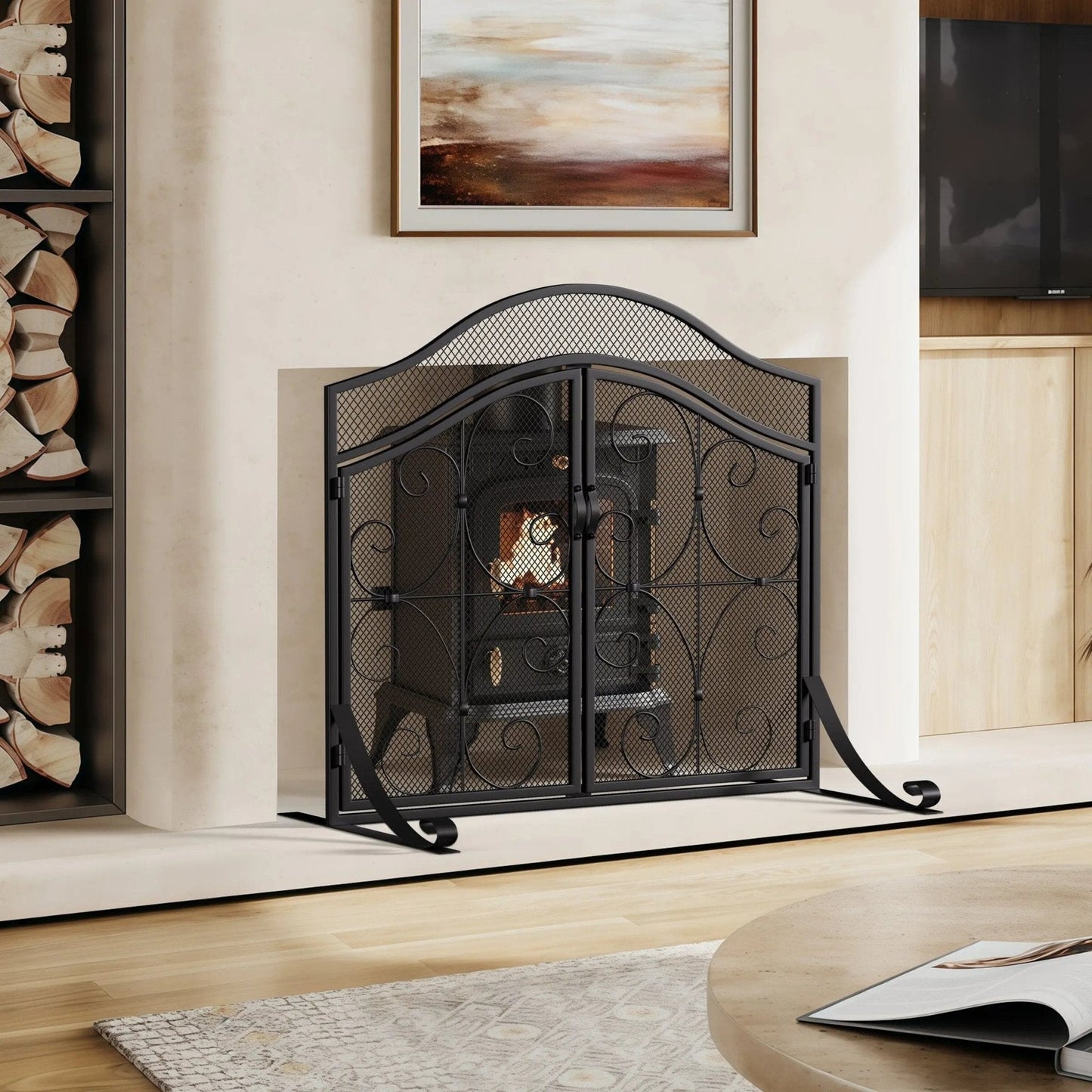 Smallbee Iron Fireplace Screen Black Powder - Coated – 90x32x78.8cm - House Comfort