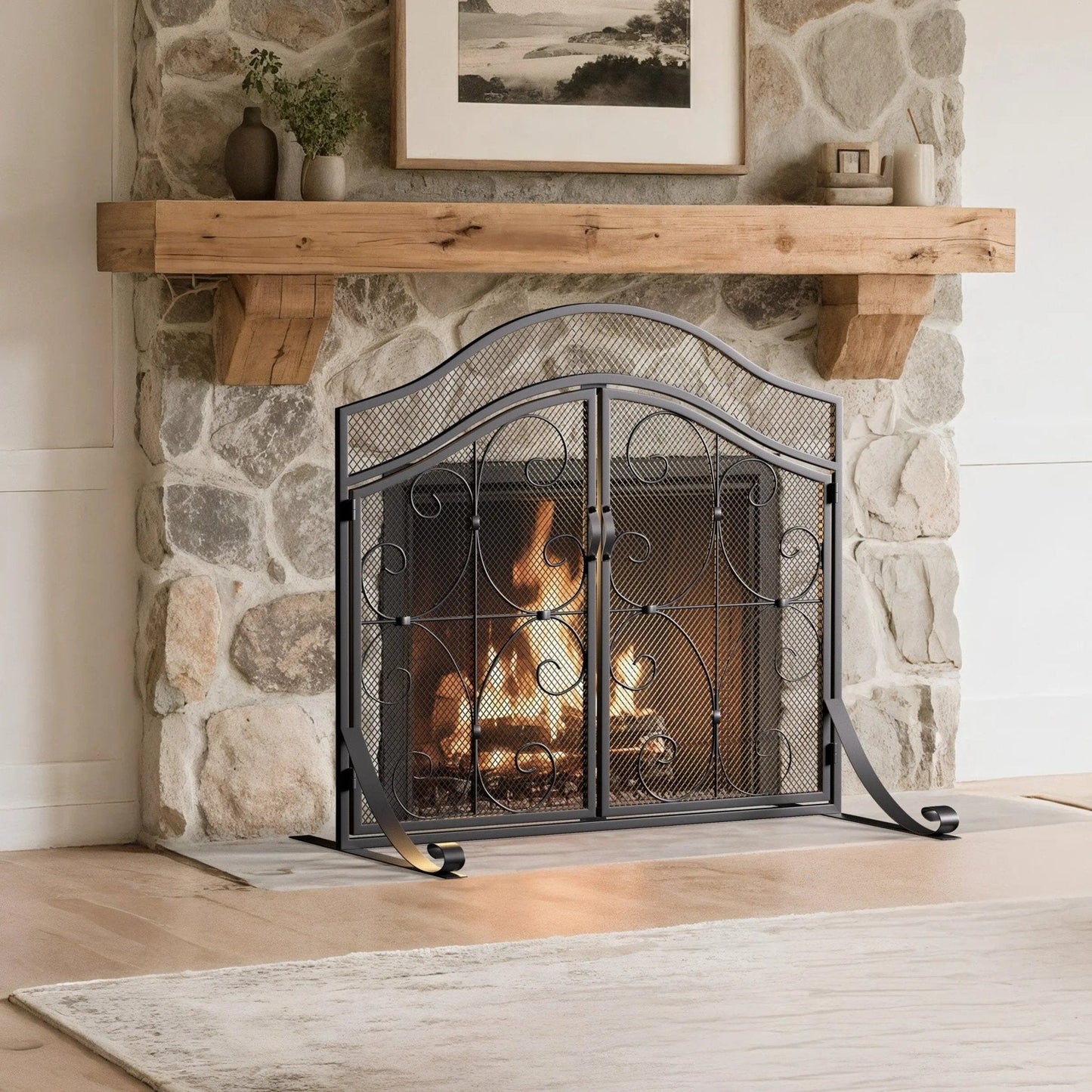 Smallbee Iron Fireplace Screen Black Powder - Coated – 90x32x78.8cm - House Comfort