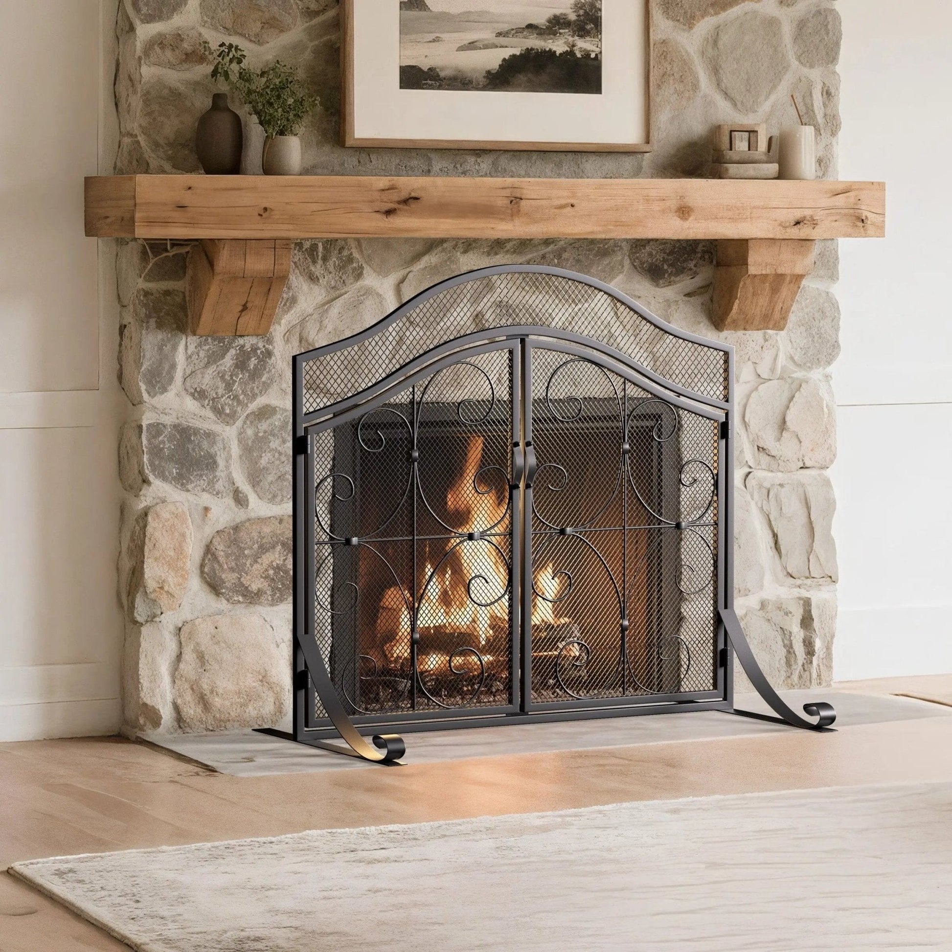 Smallbee Iron Fireplace Screen Black Powder - Coated – 90x32x78.8cm - House Comfort