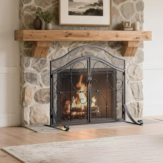 Smallbee Iron Fireplace Screen Black Powder - Coated – 90x32x78.8cm - House Comfort