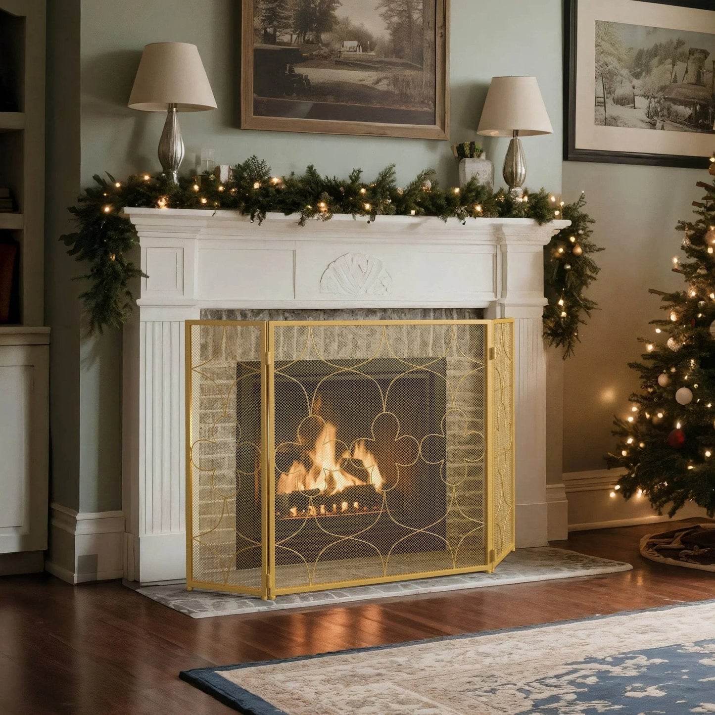 Smallbee Iron Fireplace Screen Gold Powder - Coated – 122x2.3x77.5cm - House Comfort