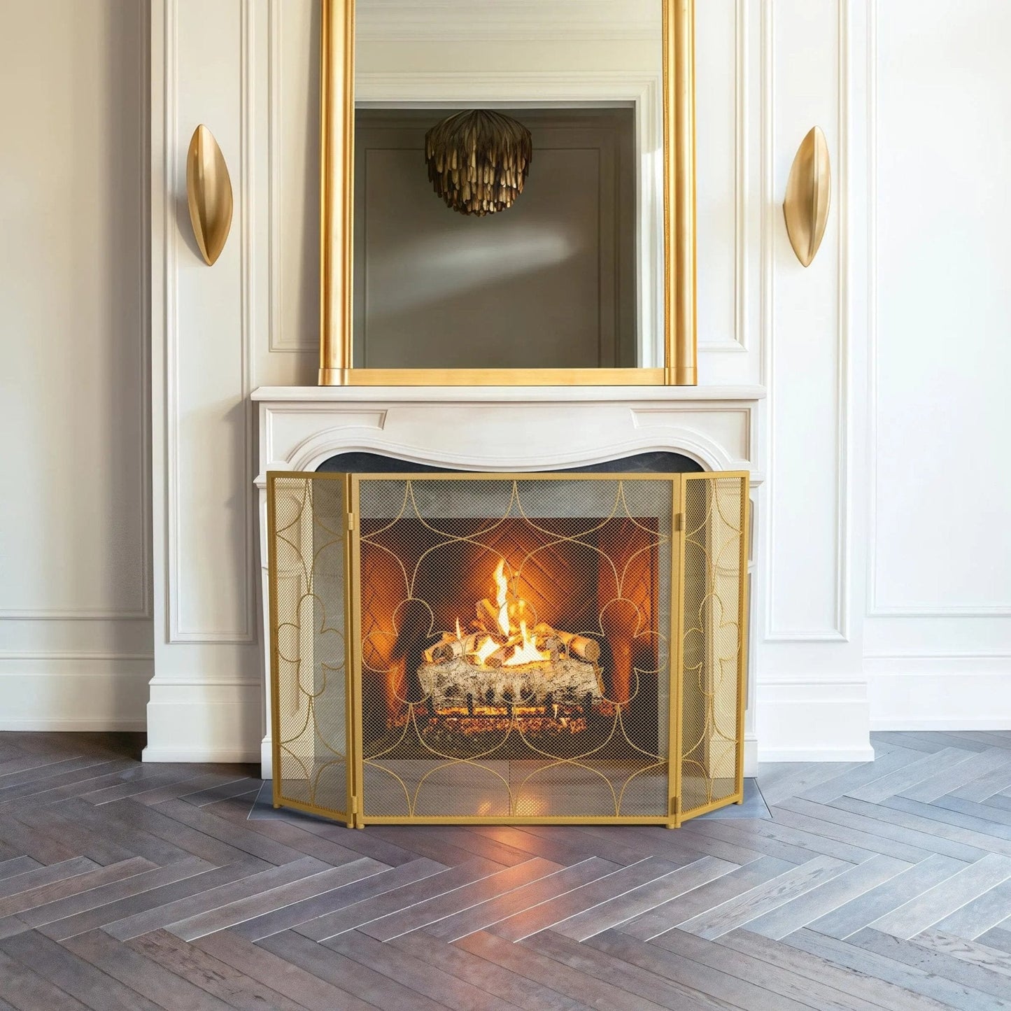 Smallbee Iron Fireplace Screen Gold Powder - Coated – 122x2.3x77.5cm - House Comfort