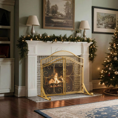 Smallbee Iron Fireplace Screen Gold Powder - Coated – 90x32x78.8cm - House Comfort