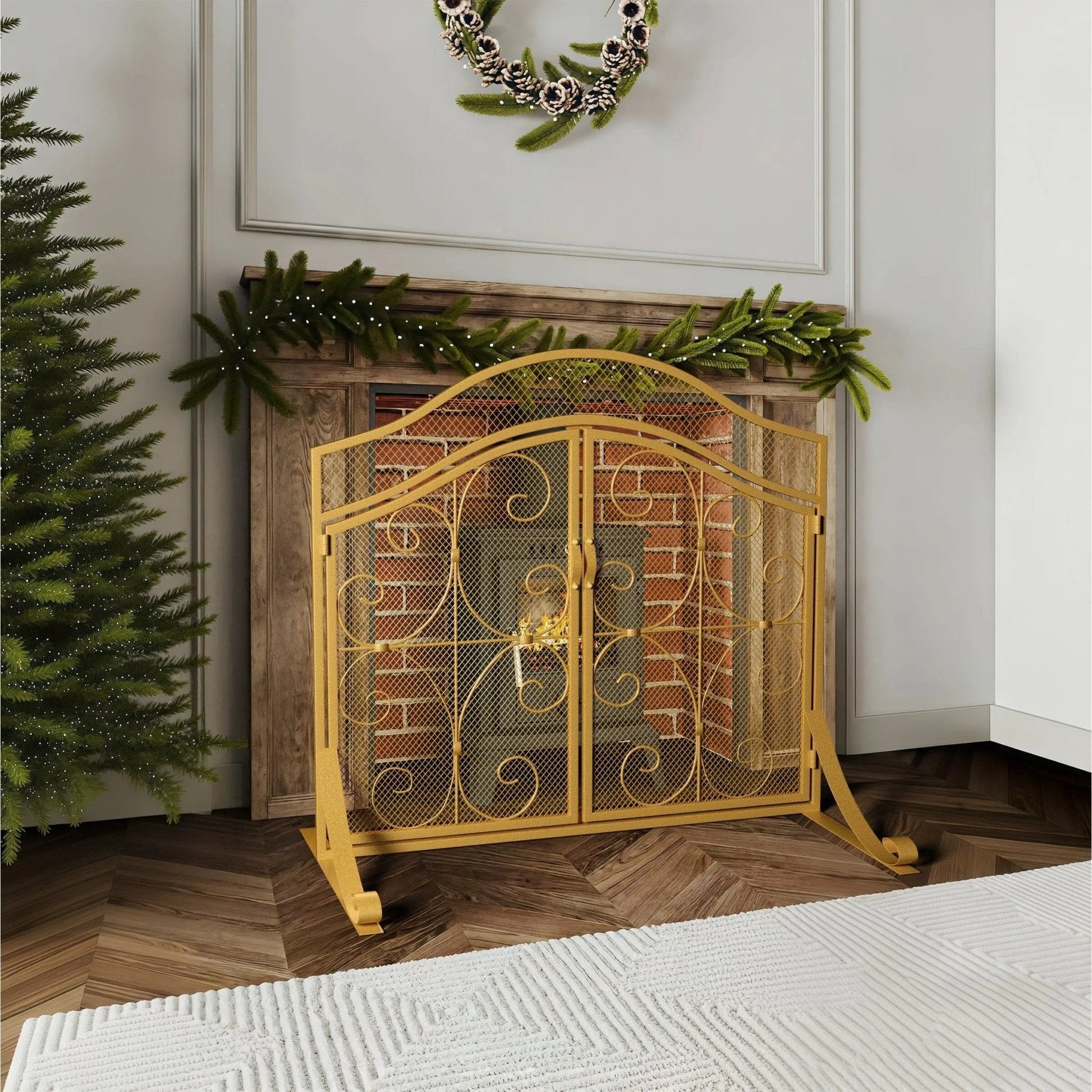 Smallbee Iron Fireplace Screen Gold Powder - Coated – 90x32x78.8cm - House Comfort