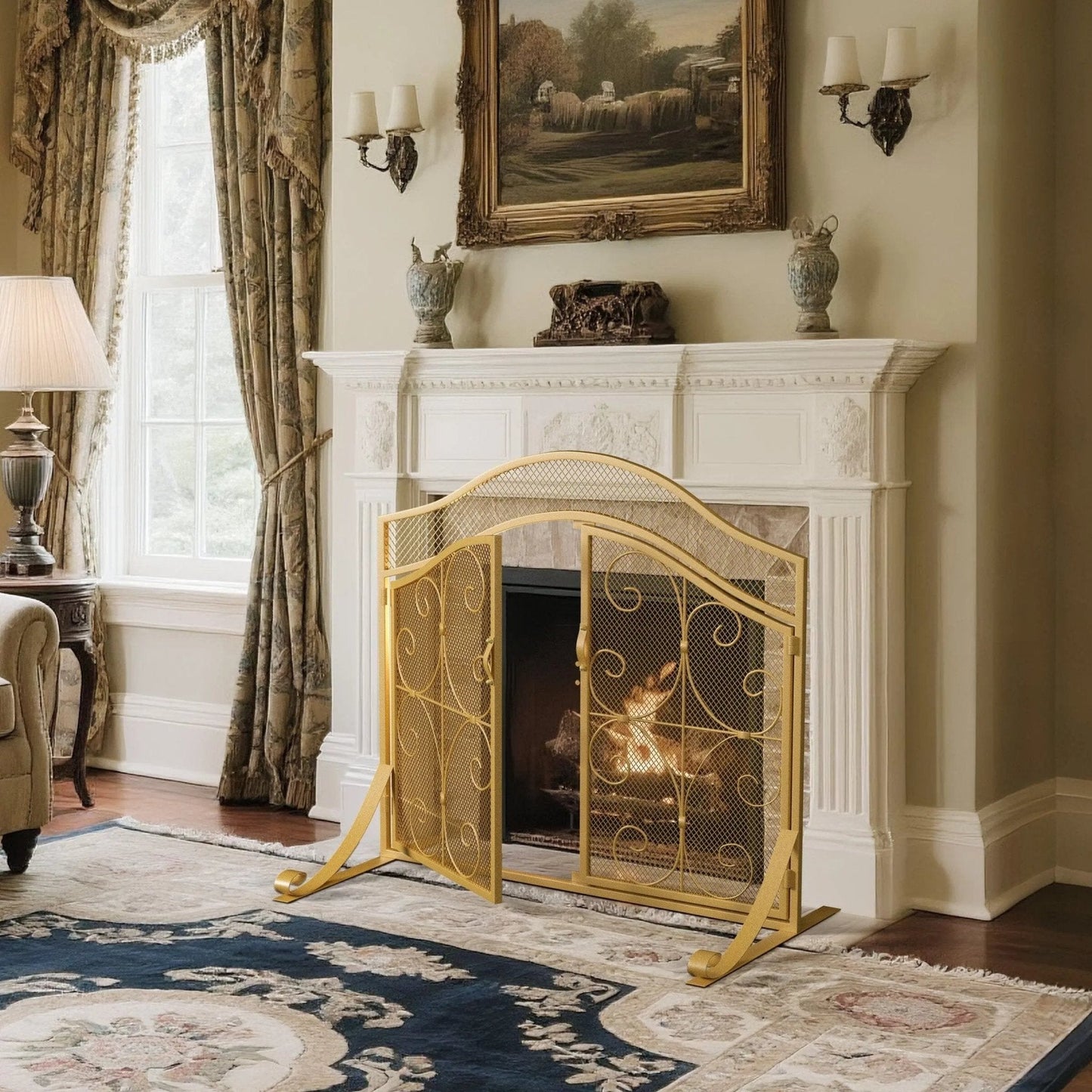 Smallbee Iron Fireplace Screen Gold Powder - Coated – 90x32x78.8cm - House Comfort