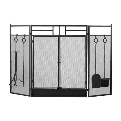 Smallbee Iron Fireplace Screen with 4 - Piece Tool Set - Black Powder - Coated 122x1.3x80cm - House Comfort