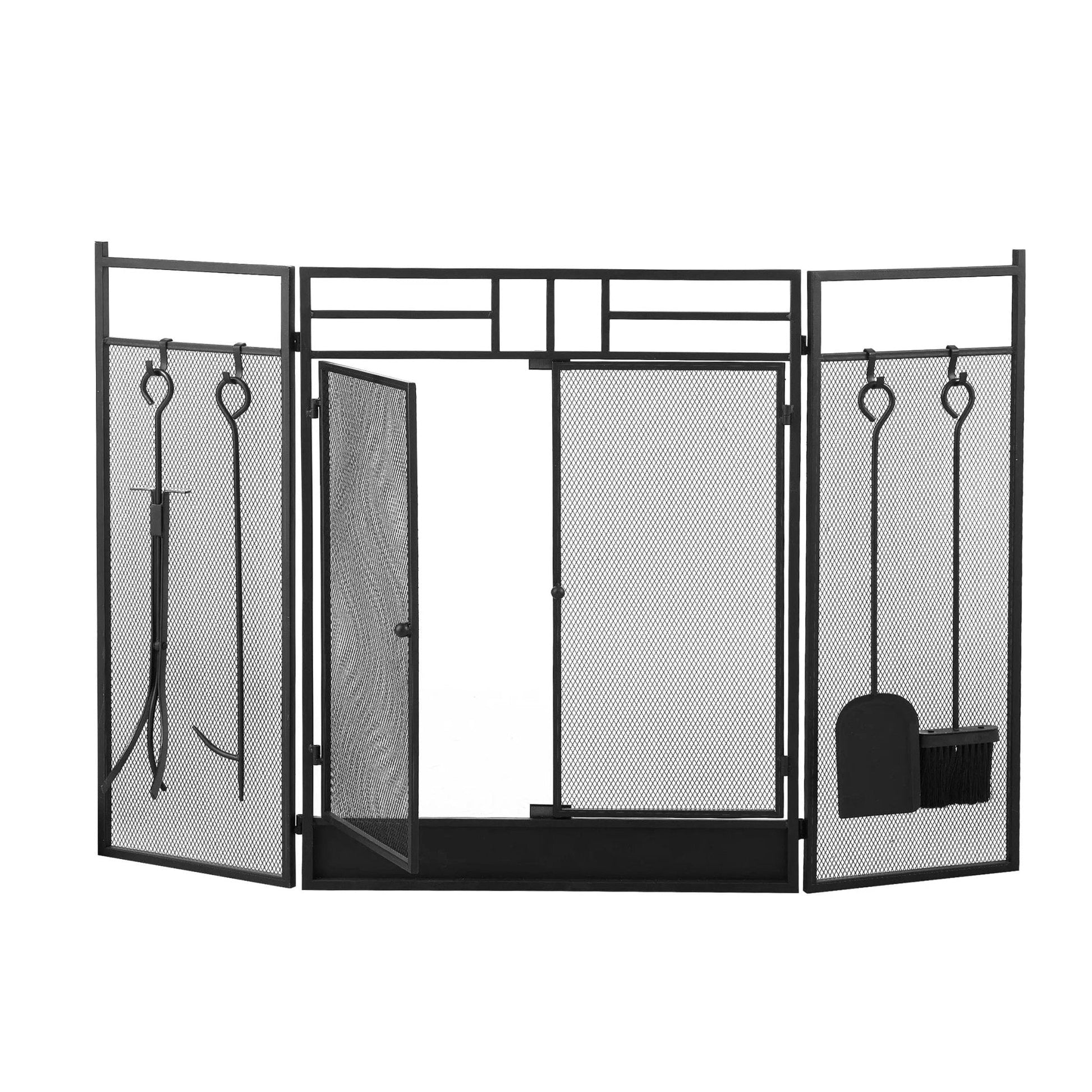 Smallbee Iron Fireplace Screen with 4 - Piece Tool Set - Black Powder - Coated 122x1.3x80cm - House Comfort