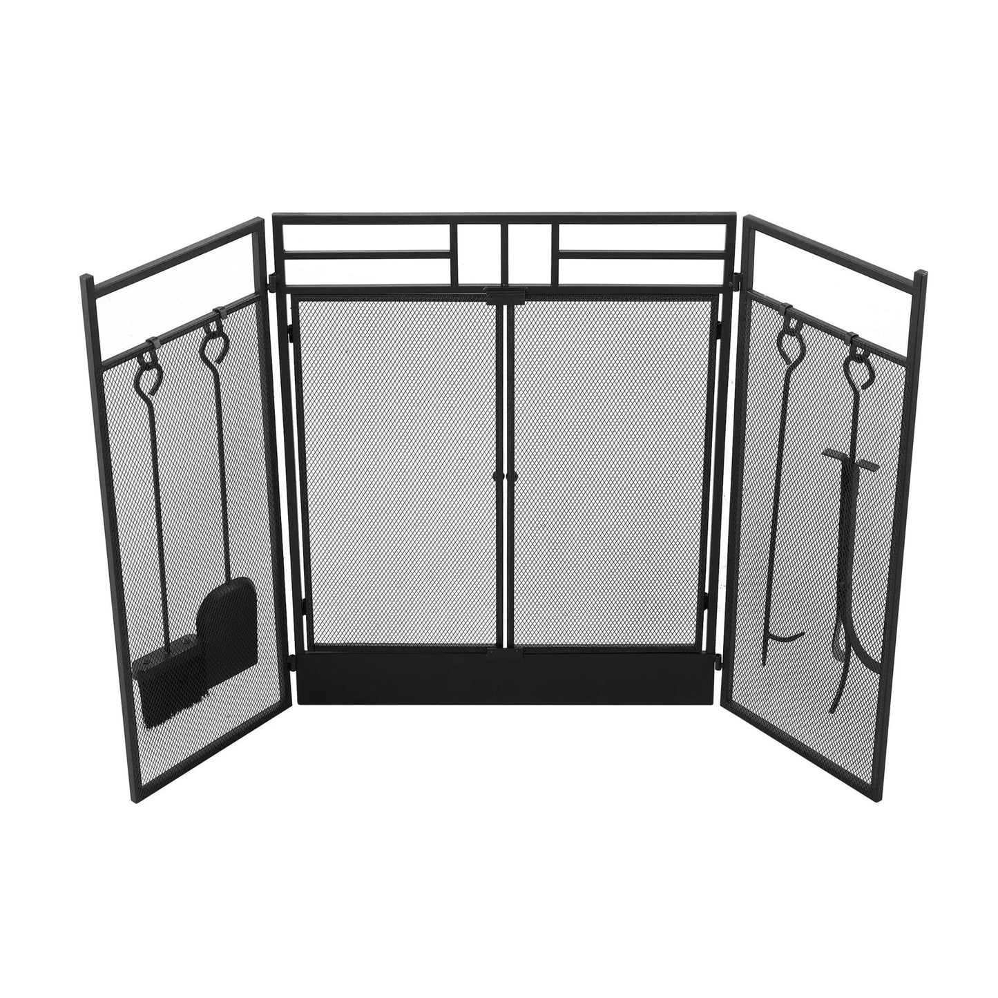 Smallbee Iron Fireplace Screen with 4 - Piece Tool Set - Black Powder - Coated 122x1.3x80cm - House Comfort