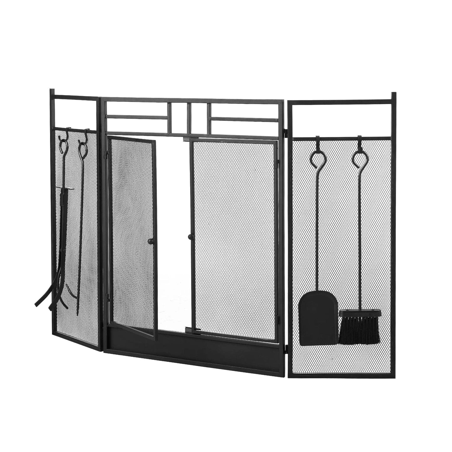 Smallbee Iron Fireplace Screen with 4 - Piece Tool Set - Black Powder - Coated 122x1.3x80cm - House Comfort