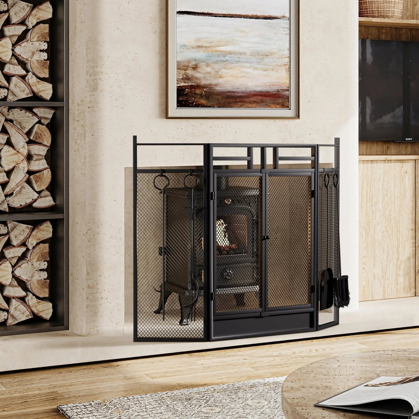 Smallbee Iron Fireplace Screen with 4 - Piece Tool Set - Black Powder - Coated 122x1.3x80cm - House Comfort