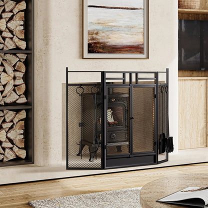 Smallbee Iron Fireplace Screen with 4 - Piece Tool Set - Black Powder - Coated 122x1.3x80cm - House Comfort
