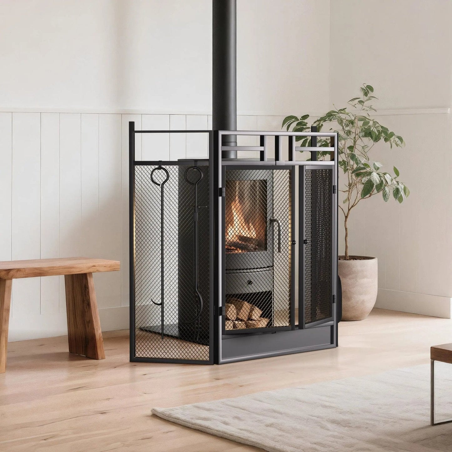 Smallbee Iron Fireplace Screen with 4 - Piece Tool Set - Black Powder - Coated 122x1.3x80cm - House Comfort