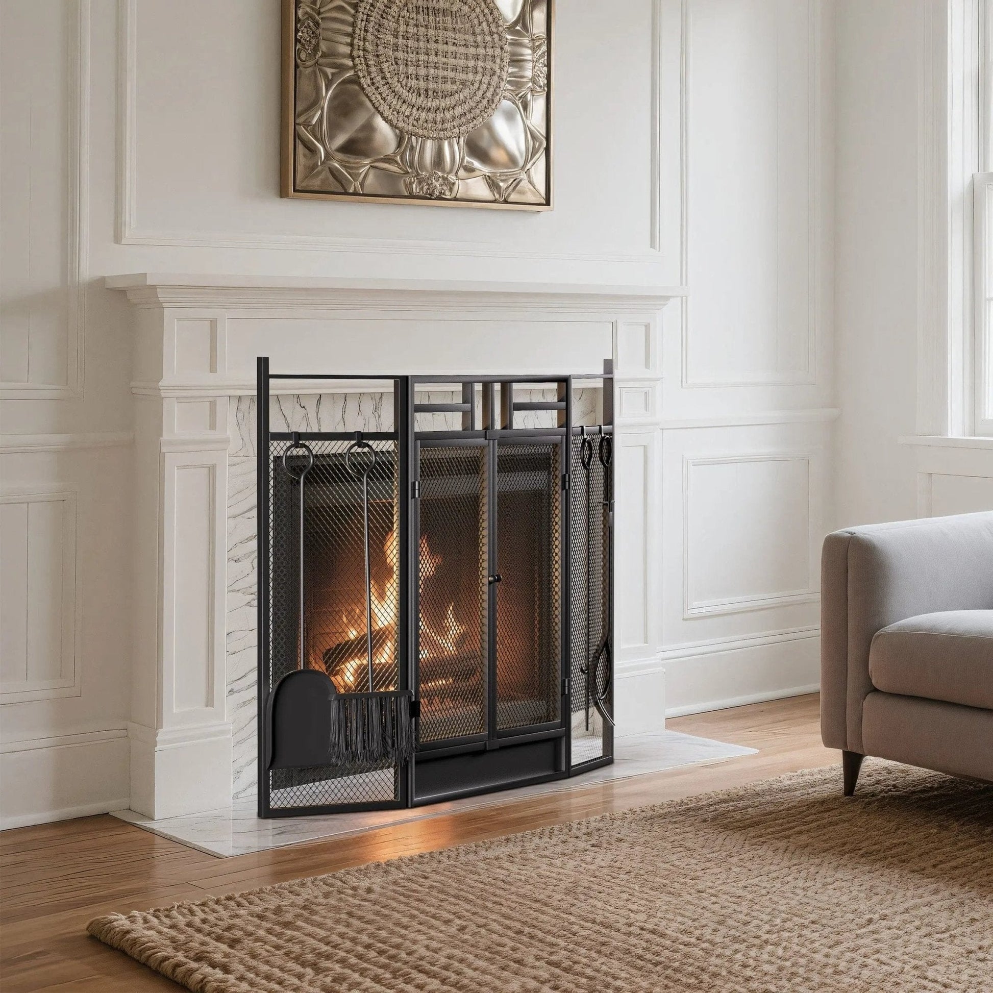 Smallbee Iron Fireplace Screen with 4 - Piece Tool Set - Black Powder - Coated 122x1.3x80cm - House Comfort