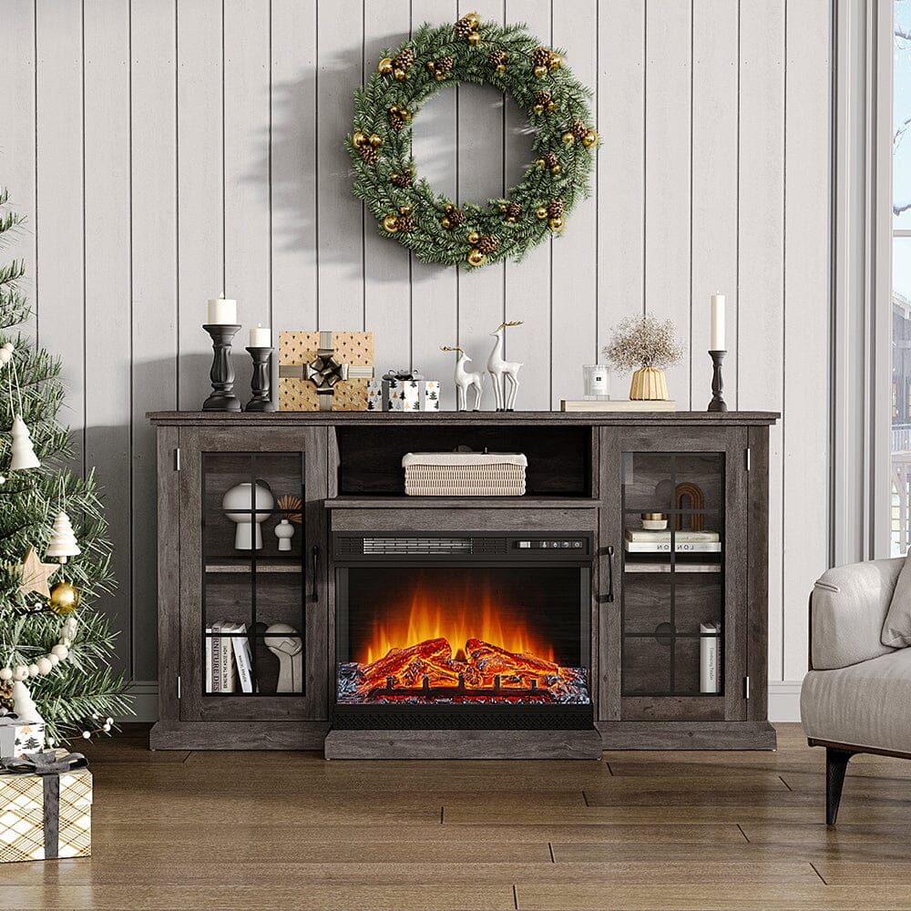 Smallbee Panoramic Glass Fireplace TV Stand with Storage Cabinets, Customizable Flames & Remote Control - House Comfort