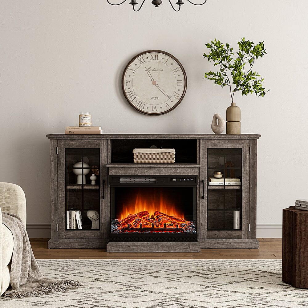 Smallbee Panoramic Glass Fireplace TV Stand with Storage Cabinets, Customizable Flames & Remote Control - House Comfort
