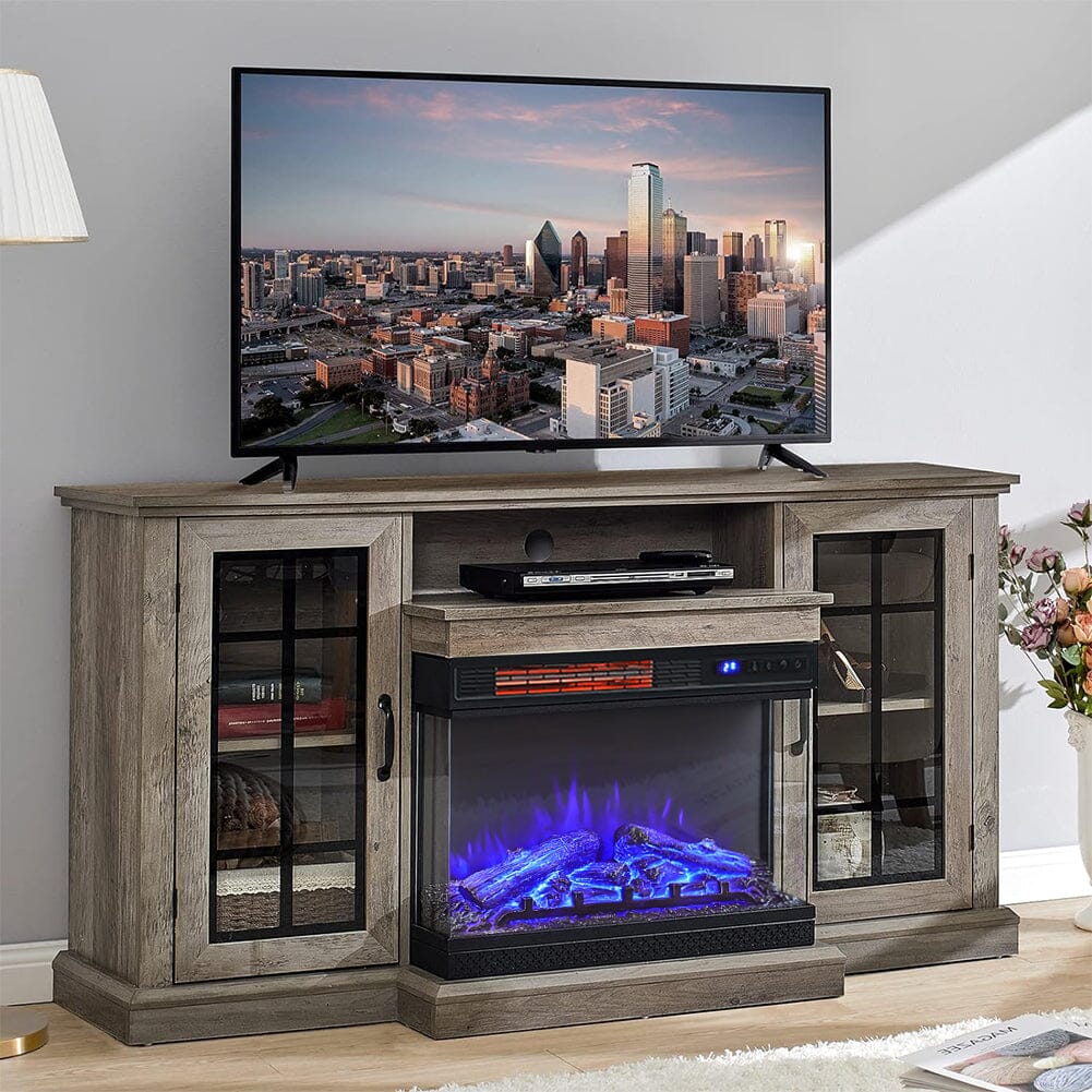 Smallbee Panoramic Glass Fireplace TV Stand with Storage Cabinets, Customizable Flames & Remote Control - House Comfort