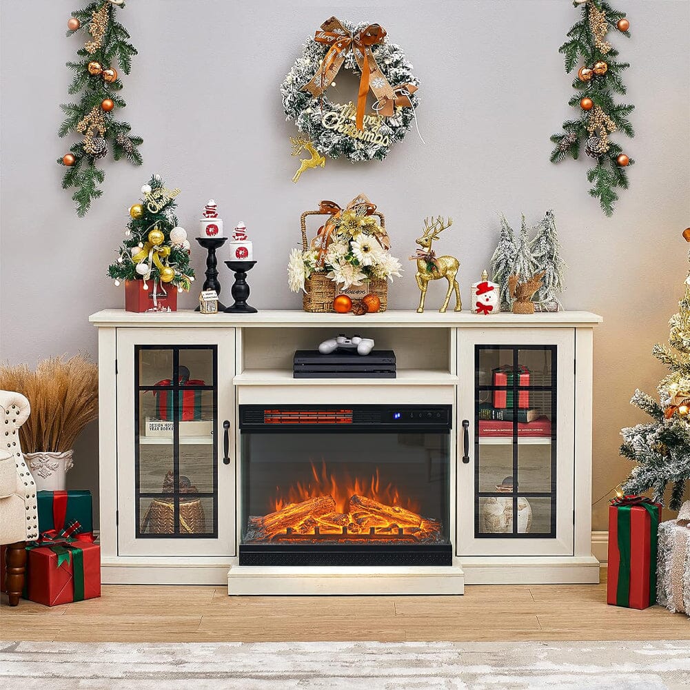 Smallbee Panoramic Glass Fireplace TV Stand with Storage Cabinets, Customizable Flames & Remote Control - House Comfort