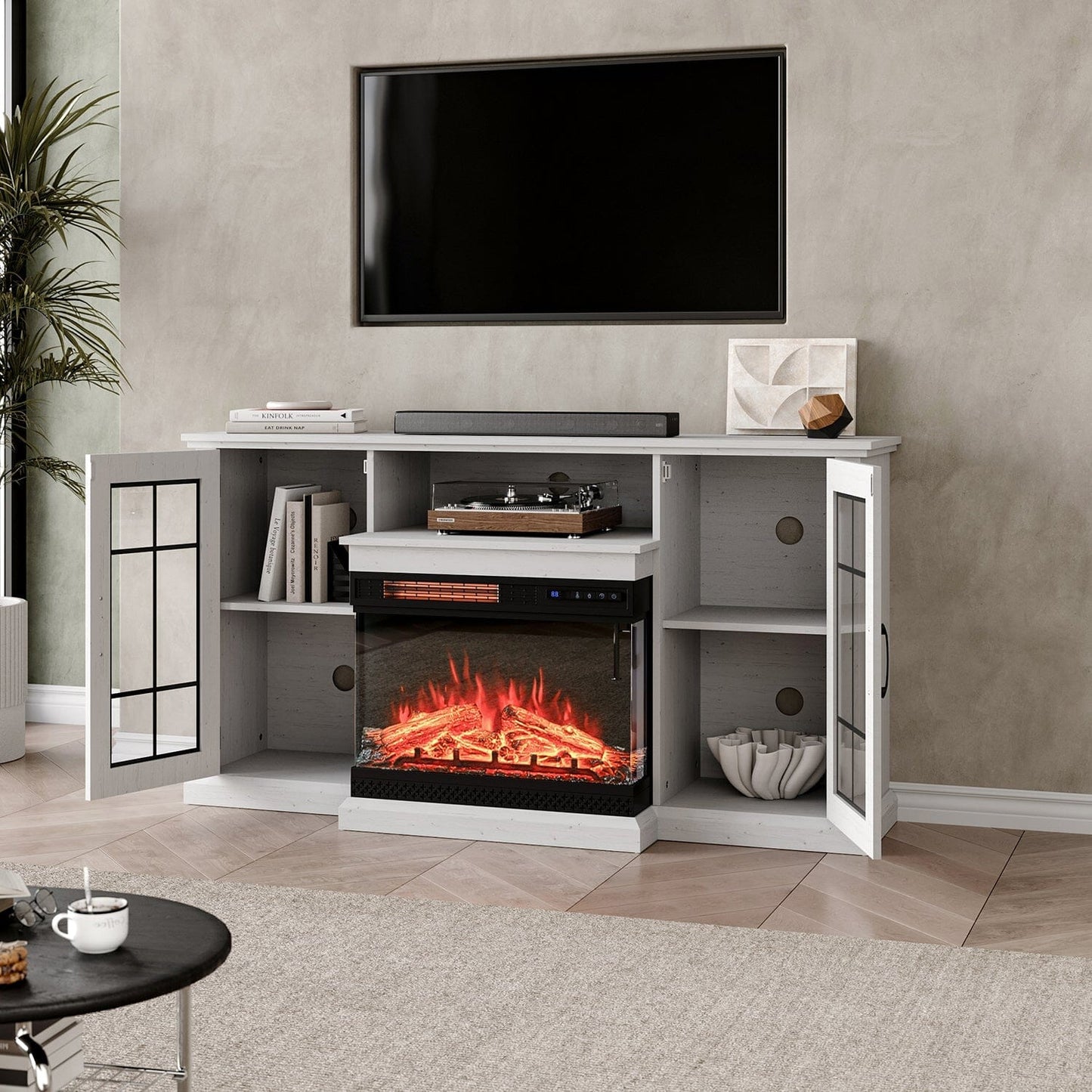 Smallbee Panoramic Glass Fireplace TV Stand with Storage Cabinets, Customizable Flames & Remote Control - House Comfort