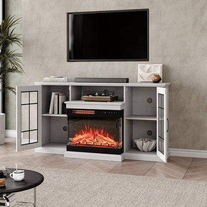 Smallbee Panoramic Glass Fireplace TV Stand with Storage Cabinets, Customizable Flames & Remote Control - House Comfort