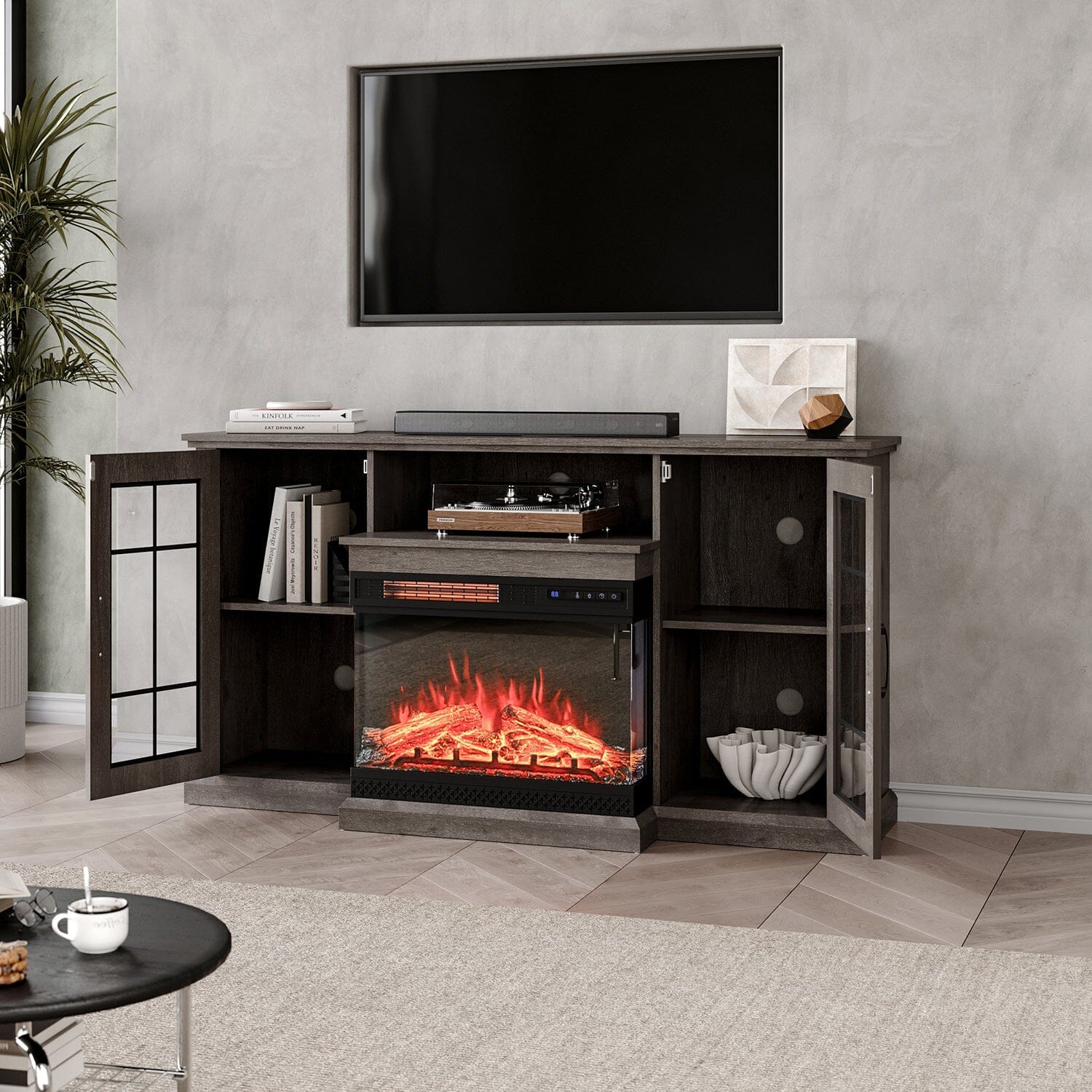 Smallbee Panoramic Glass Fireplace TV Stand with Storage Cabinets, Customizable Flames & Remote Control - House Comfort