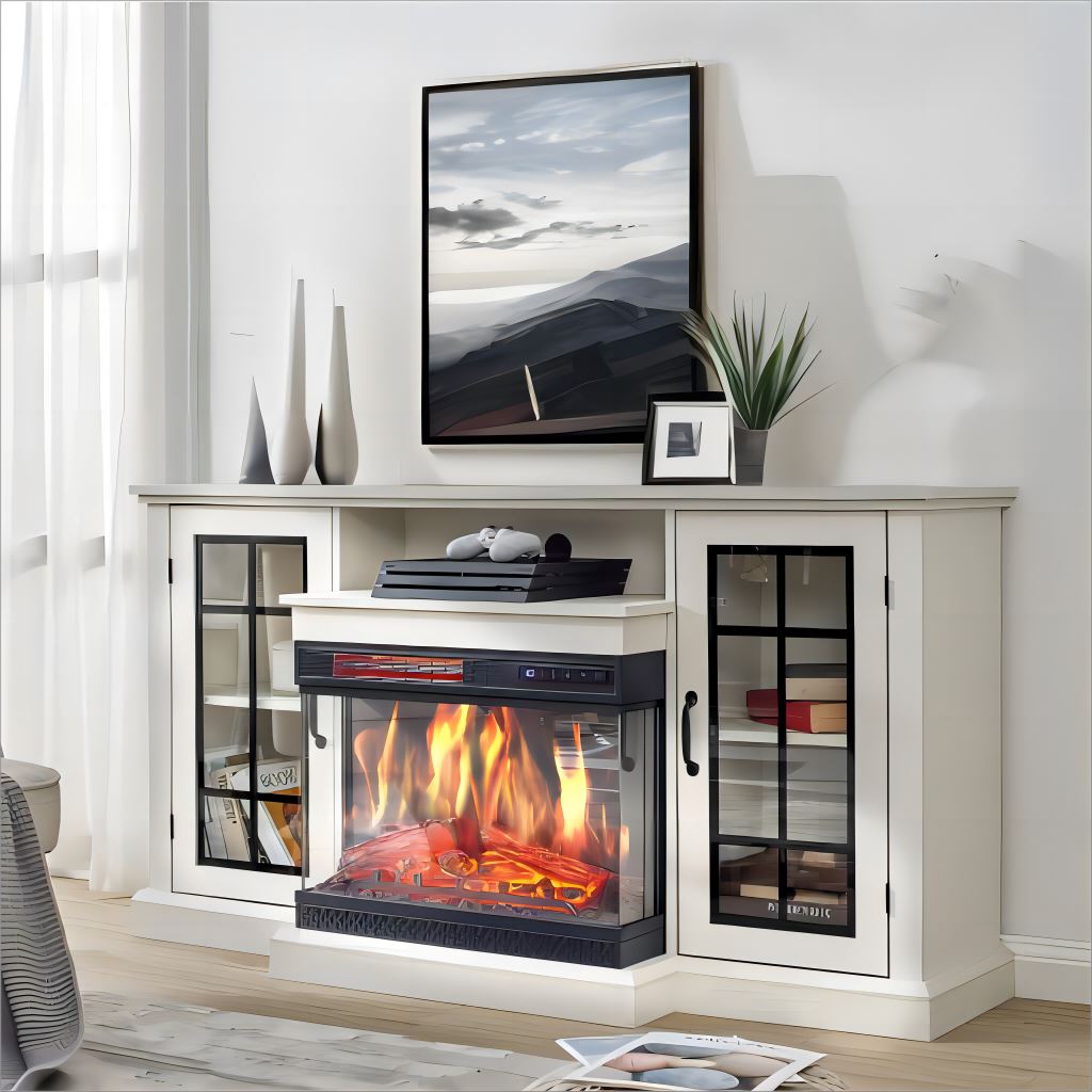 Smallbee Panoramic Glass Fireplace TV Stand with Storage Cabinets, Customizable Flames & Remote Control - House Comfort