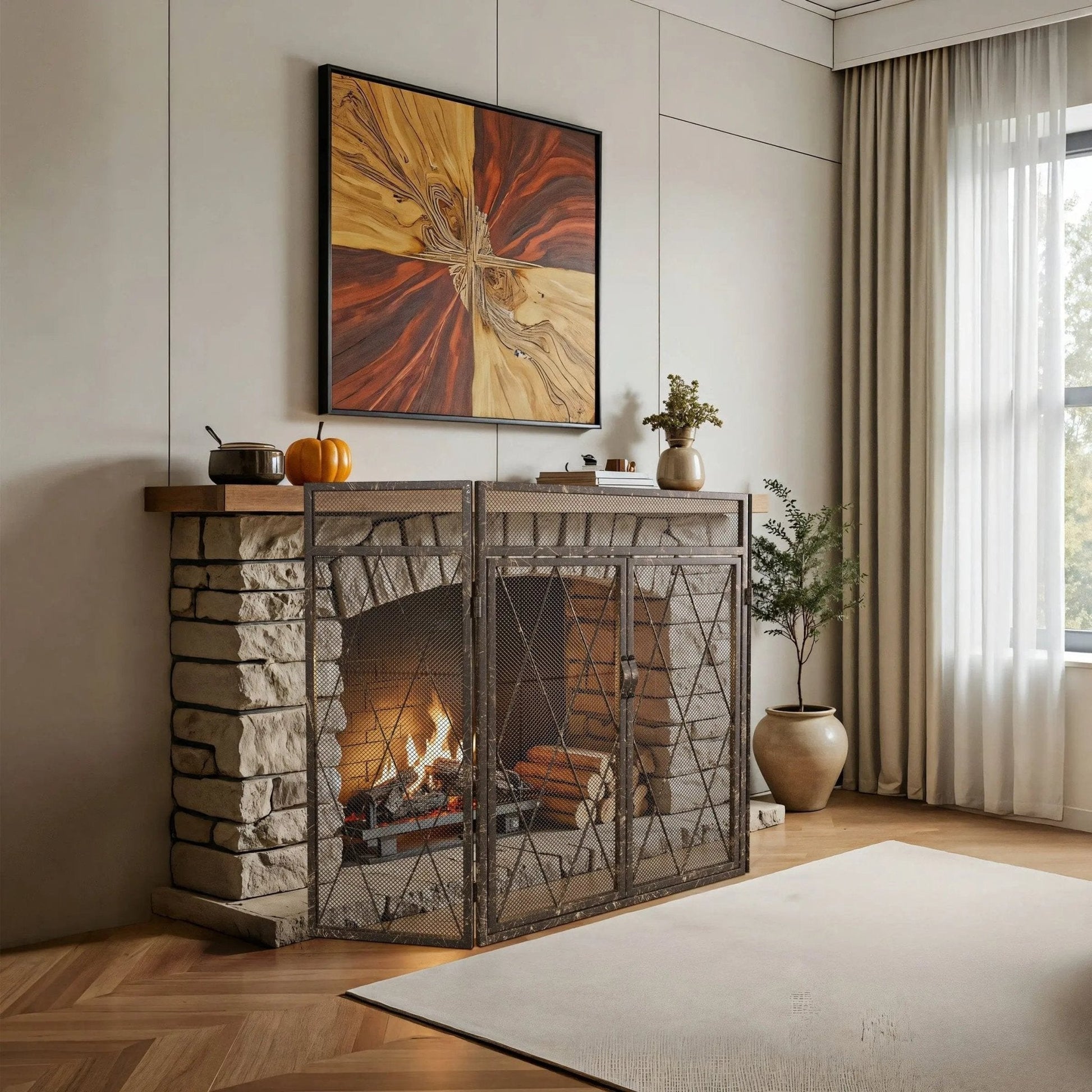 Smallbee Triple - Fold Iron Fireplace Screen Antique Copper Powder - Coated – 127x13x81cm - House Comfort