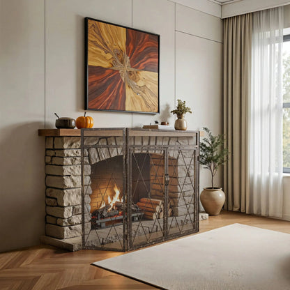 Smallbee Triple - Fold Iron Fireplace Screen Antique Copper Powder - Coated – 127x13x81cm - House Comfort