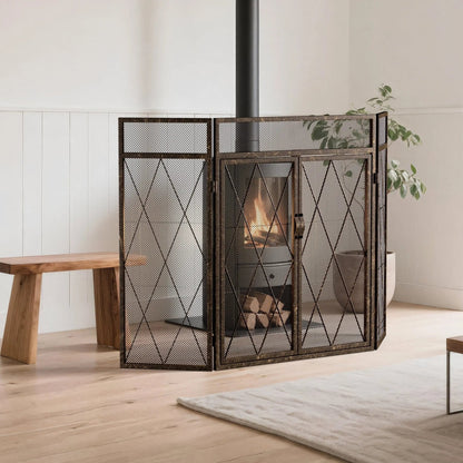 Smallbee Triple - Fold Iron Fireplace Screen Antique Copper Powder - Coated – 127x13x81cm - House Comfort