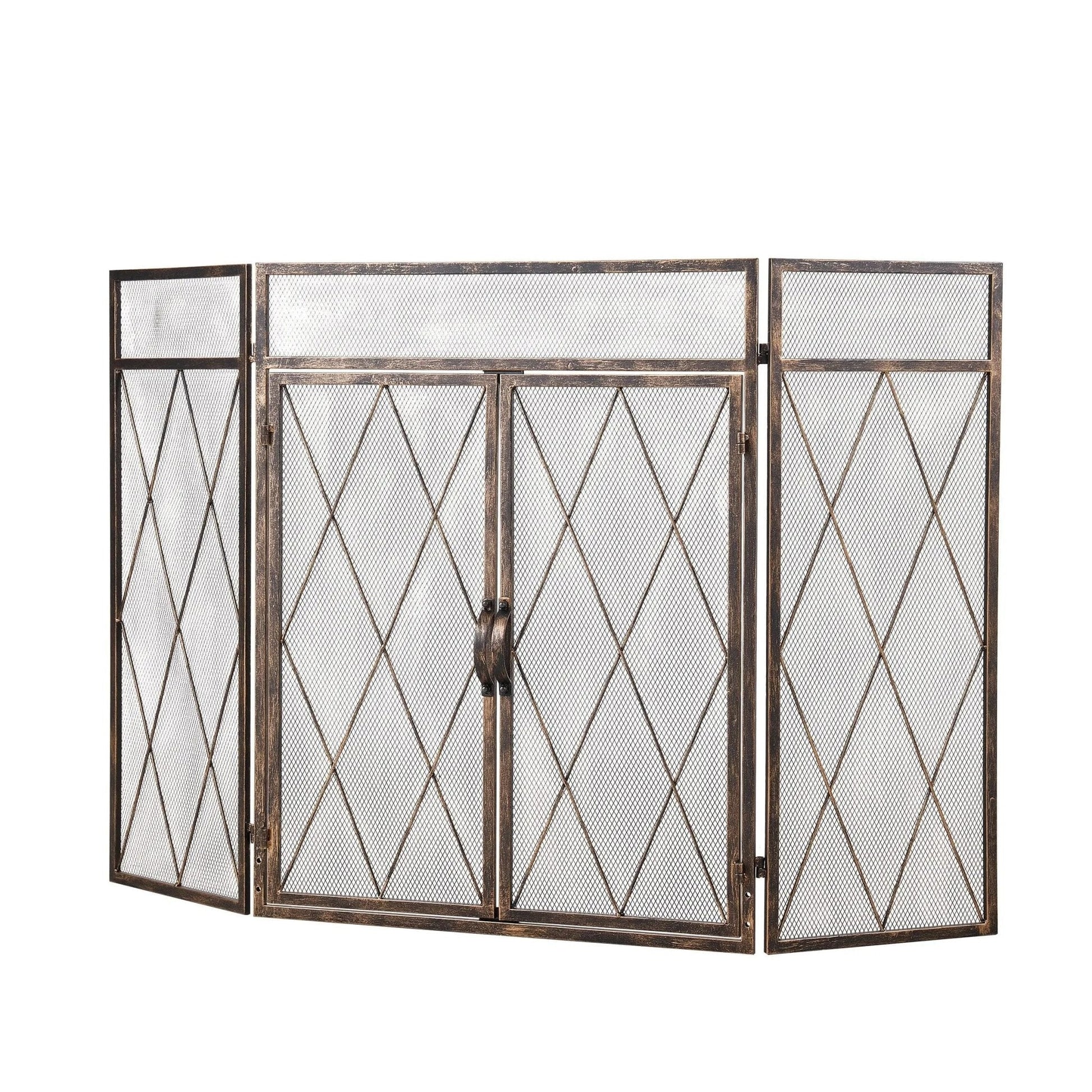 Smallbee Triple - Fold Iron Fireplace Screen Antique Copper Powder - Coated – 127x13x81cm - House Comfort