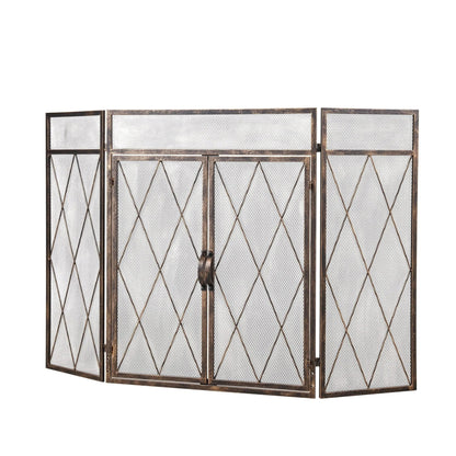 Smallbee Triple - Fold Iron Fireplace Screen Antique Copper Powder - Coated – 127x13x81cm - House Comfort