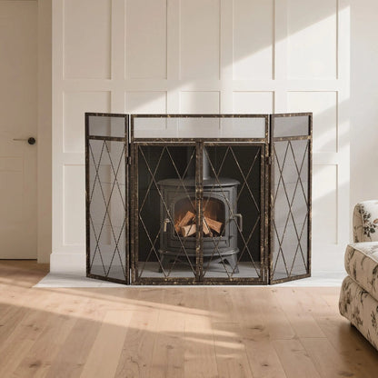 Smallbee Triple - Fold Iron Fireplace Screen Antique Copper Powder - Coated – 127x13x81cm - House Comfort