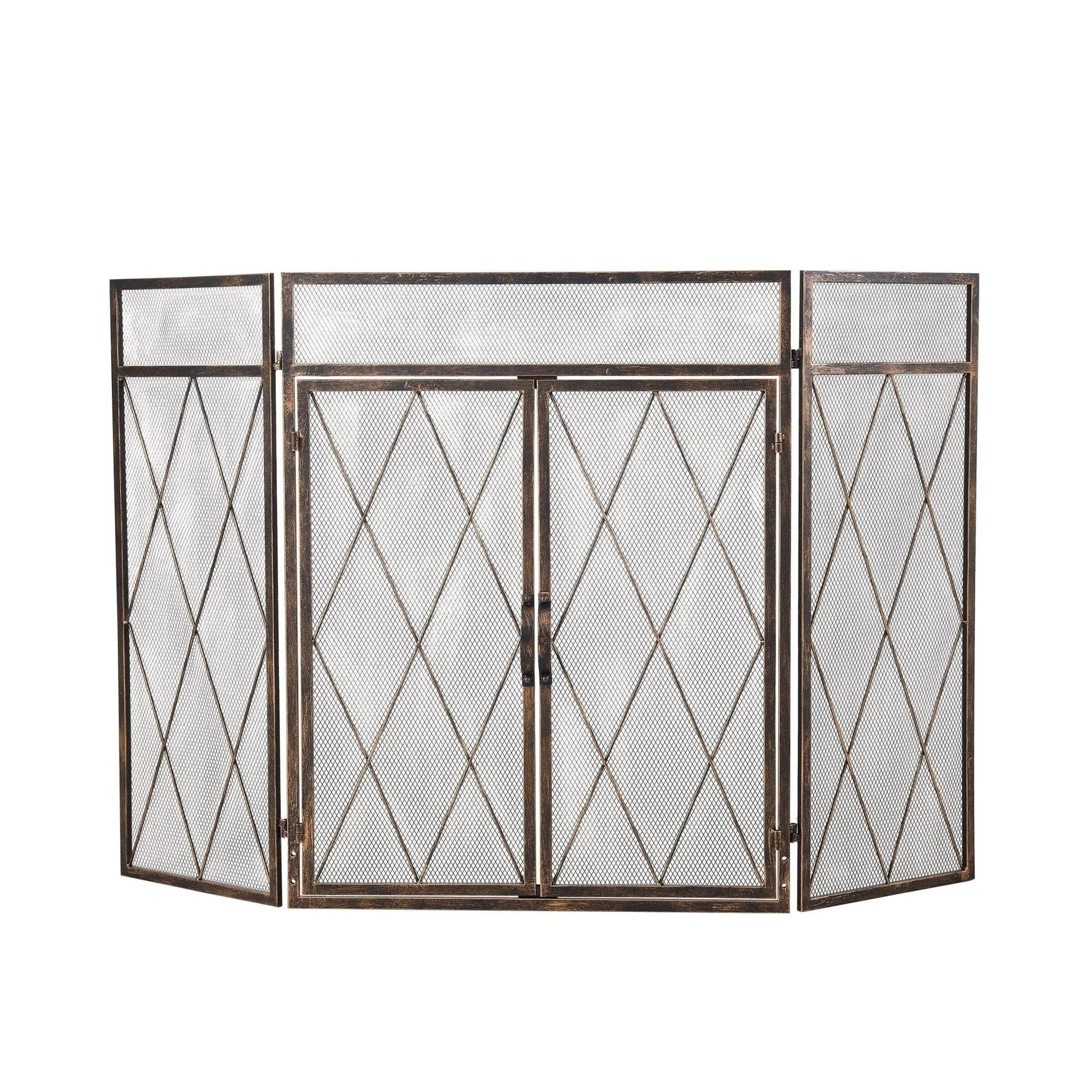 Smallbee Triple - Fold Iron Fireplace Screen Antique Copper Powder - Coated – 127x13x81cm - House Comfort