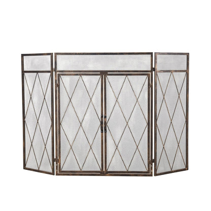 Smallbee Triple - Fold Iron Fireplace Screen Antique Copper Powder - Coated – 127x13x81cm - House Comfort