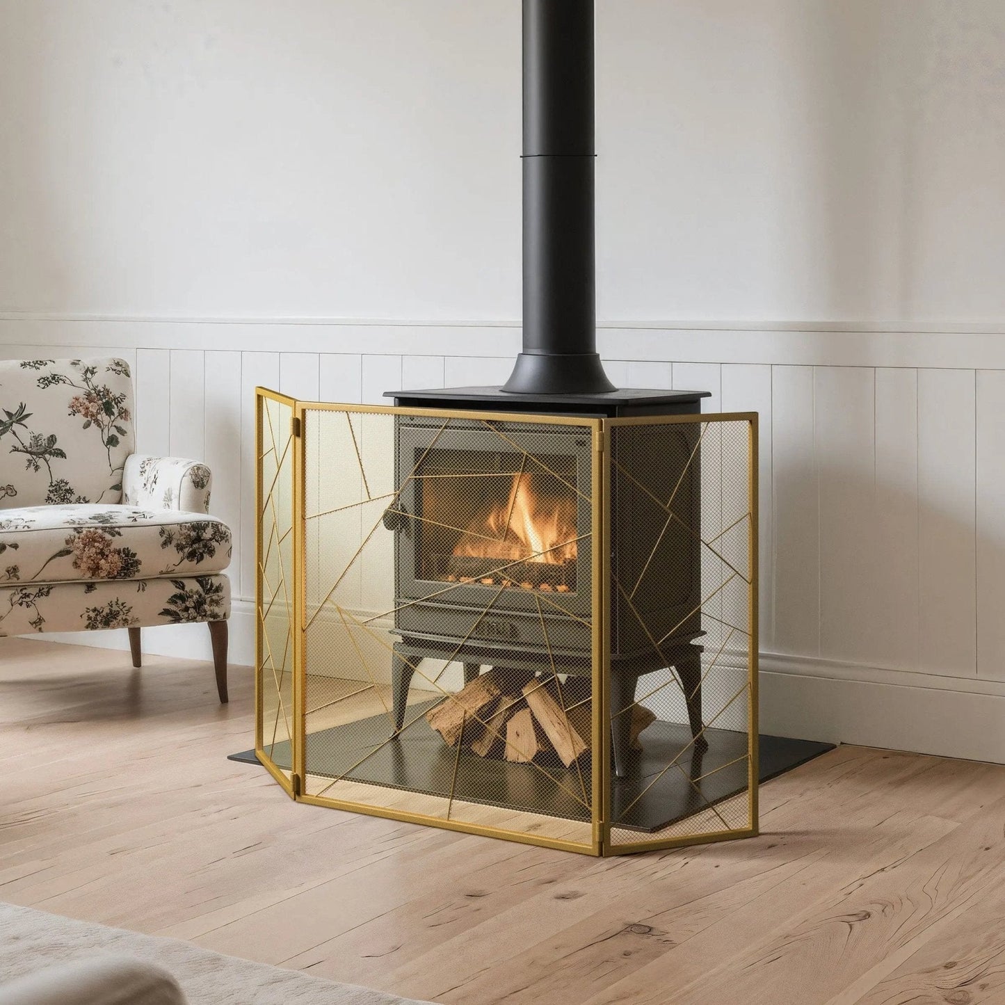 Smallbee Triple - Fold Iron Fireplace Screen Gold Frame – 132x1x80cm - House Comfort