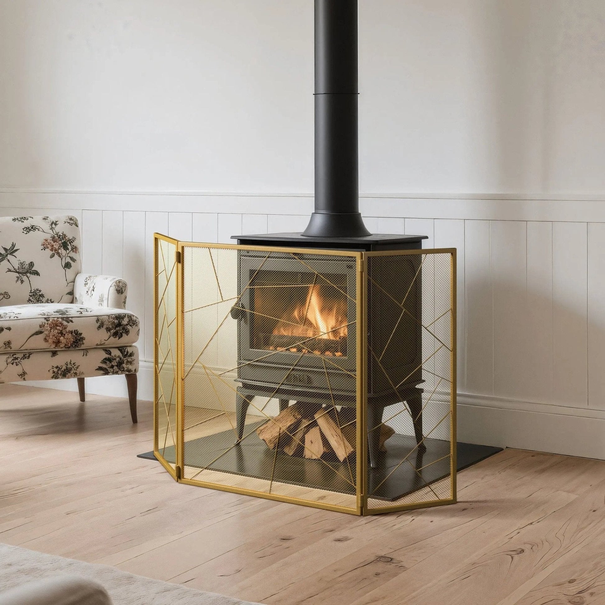 Smallbee Triple - Fold Iron Fireplace Screen Gold Frame – 132x1x80cm - House Comfort